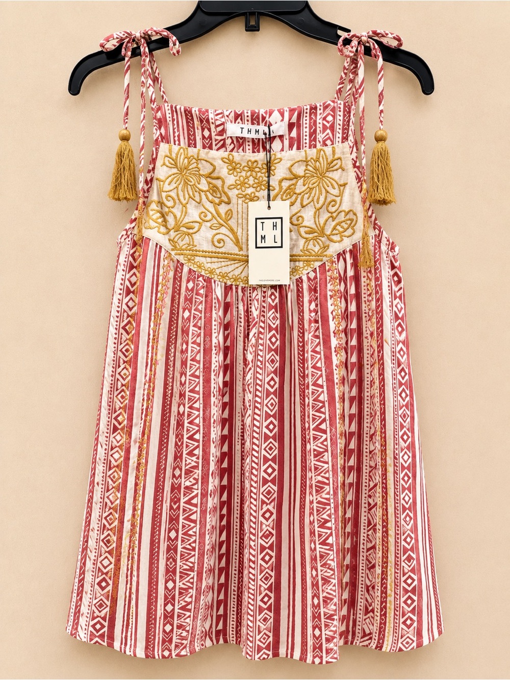 THML Red & Gold Embroidered Striped Tank Top